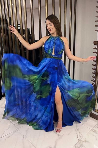 By Saygı Women's Draped Front Lined Beaded Detail Floral Long Chiffon Dress