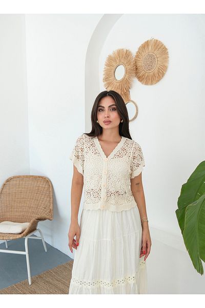 BLUE DAY'S Women's Short-Sleeved Crochet Cardigan Bohemian Style