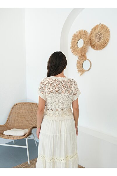 BLUE DAY'S Women's Short-Sleeved Crochet Cardigan Bohemian Style