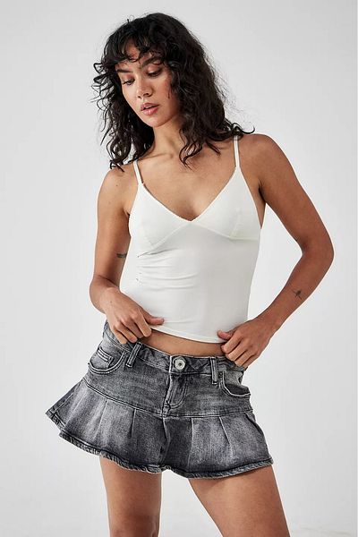 september island Washed Black Color Denim Mini Kilt Skirt