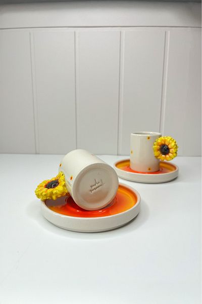 seda seramik Handmade Sunflower Design 4-Piece Coffee Cup Set for 2 Persons 90 Ml.