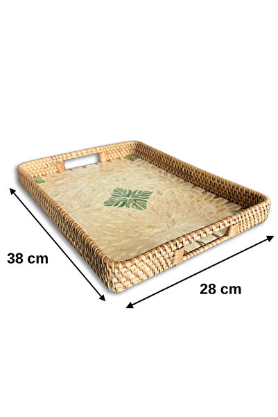 Coconut Products by jda Green & White Design Sedef Kaplama Rattan Dikdörtgen Tepsi