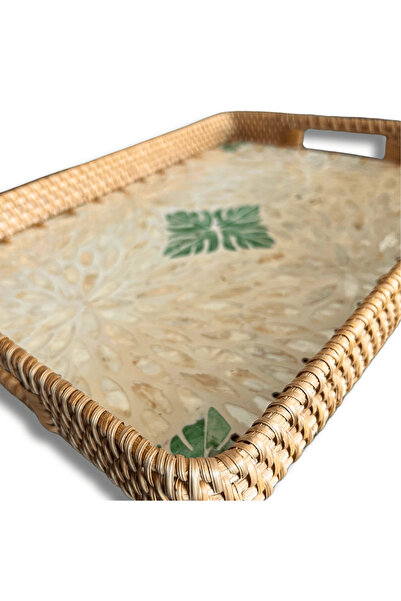 Coconut Products by jda Green & White Design Sedef Kaplama Rattan Dikdörtgen Tepsi