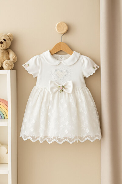 Nimini Kids YAZLIK KALP İŞLEMELİ İNCİLİ KIZ BEBEK ELBİSE (9 Ay,12 Ay,18 Ay )