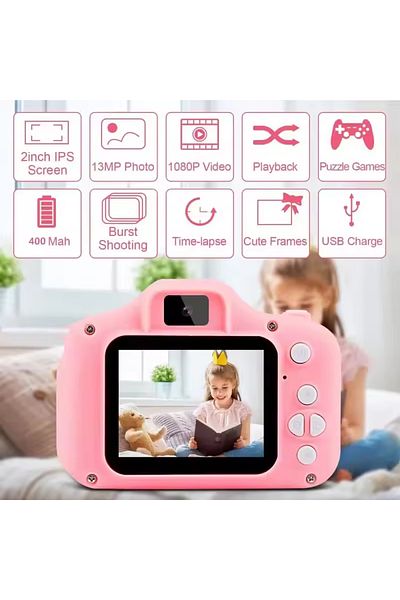 Choice كاميرا رقمية للأطفال X2000 وردية اللون مزودة ببطاقة ذاكرة Zwn بدقة 1080 بكسل وكاميرا فيديو عالية الدقة وشاشة ملونة 2 بوصة