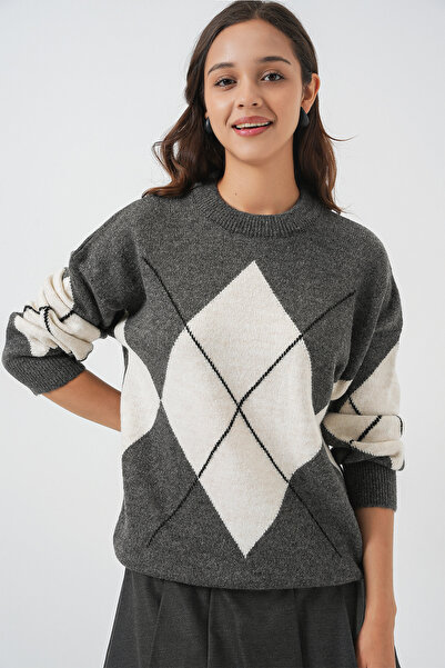 Bigdart 15895 Πλεκτό πουλόβερ με διαμαντένιο σχέδιο - ανθρακί