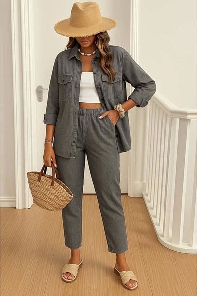 Silerra Women's Casual Shirt and High Waist Short Leg Trousers Double Suit