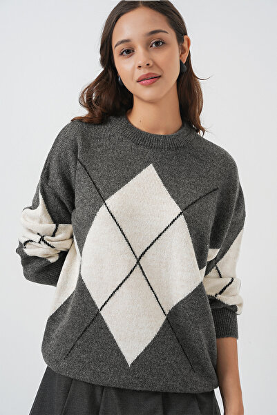 Bigdart 15895 Πλεκτό πουλόβερ με διαμαντένιο σχέδιο - ανθρακί