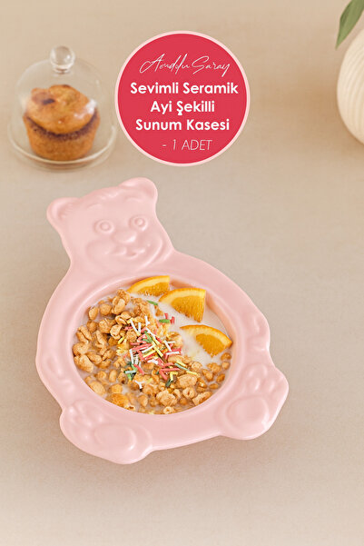 Anadolu Saray Pink Bear Shaped Handmade Ceramic Serving Bowl and Plate Serving Presentation Catering - 1 Pc