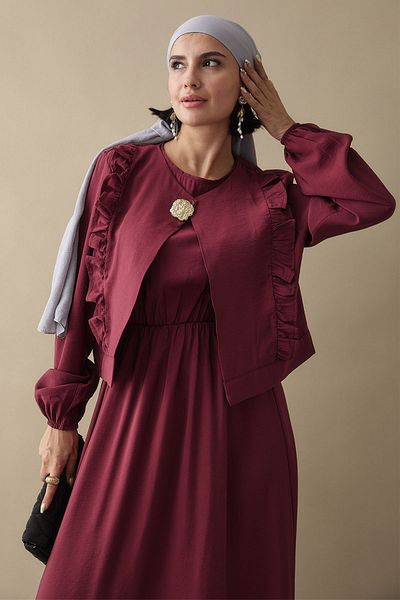 InStyle Rochie Modal Burgundy Gilet cu Jachetă Volanată