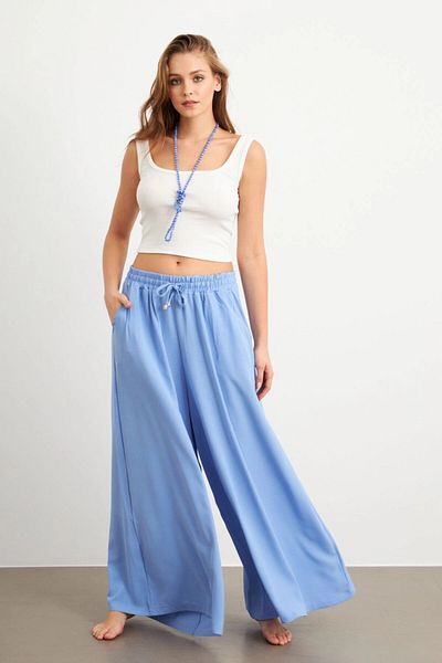 Cool & Sexy Pantaloni palazzo de damă Baby Blue cu buzunar elastic în talie Sİ1155