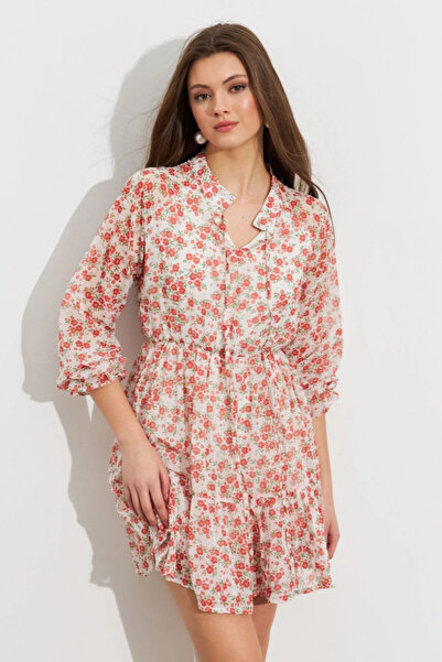 Cool & Sexy Women's Ecru-Red Patterned Chiffon Mini Dress Rop107