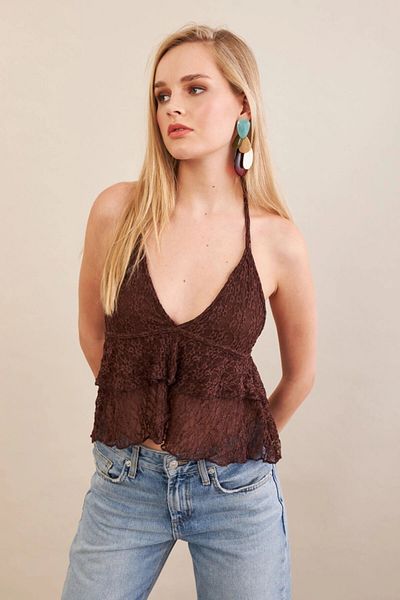 Cool & Sexy Women's Brown Lace Blouse Zh324