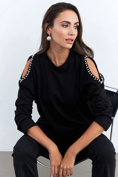 Cool & Sexy Bluză cu camisole cu umăr deschis cu accesorii cu perle negre pentru femei RLO85