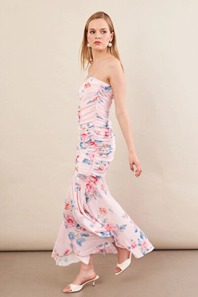 Cool & Sexy Kadın Pudra Drapeli Straplez Midi Tül Elbise ERL101