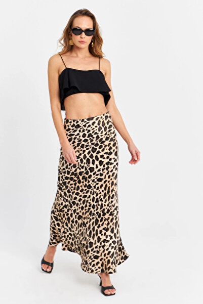 Cool & Sexy Kadın Camel-Siyah Saten Leopar Etek CAR2431