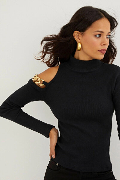 Cool & Sexy Γυναικεία Πλεκτή Μπλούζα με Μαύρη Ανοιχτή Αλυσίδα SF2005