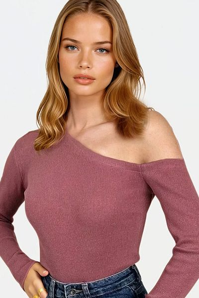 VAGGON Women's Dusty Rose Boat Neck One Shoulder Open Camisole Blouse Prmx13068