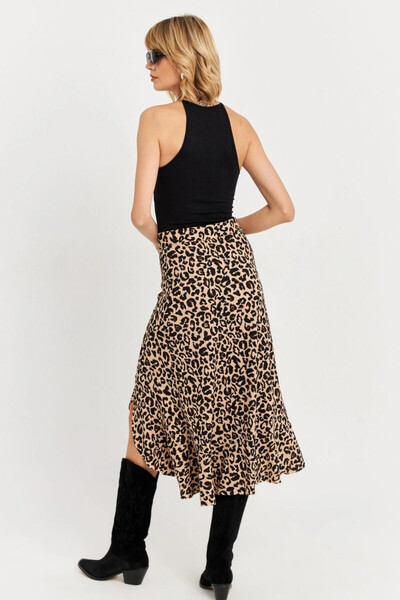 Cool & Sexy Női tevefekete fodros aszimmetrikus leopárd midi szoknya LON3011