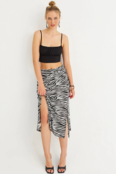 Cool & Sexy Kadın Siyah-Ekru Desenli Midi Etek FRY2227