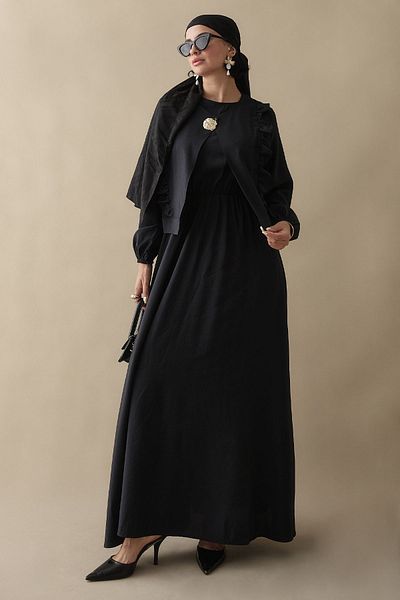 InStyle Modal Black Gilet Dress with Ruffle Jacket