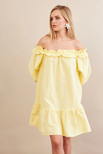 Cool & Sexy Kadın Sarı Madonna Yaka Midi Elbise PSG1012