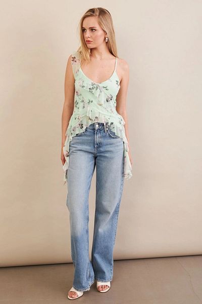 Cool & Sexy Women's Mint Patterned Ruffle Chiffon Blouse Fs033