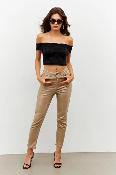 Cool & Sexy Γυναικείο χρυσό χρώμα γυαλιστερό τζιν παντελόνι NWC250