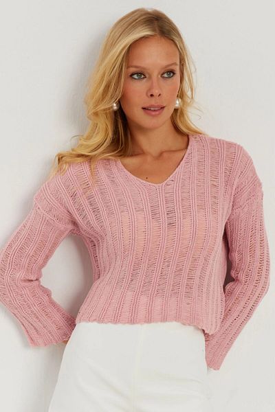 Cool & Sexy Durchbrochene Strickbluse für Damen in Rosa mit V-Ausschnitt YV233
