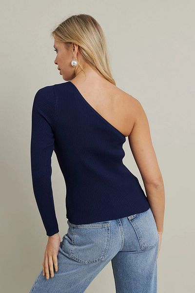 Cool & Sexy Women's Navy Blue One Shoulder Knitwear Blouse Yv204