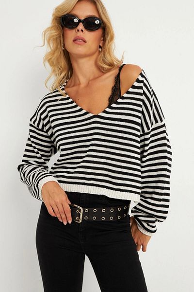 Cool & Sexy Bluză de damă cu dungi alb-negru - YV278