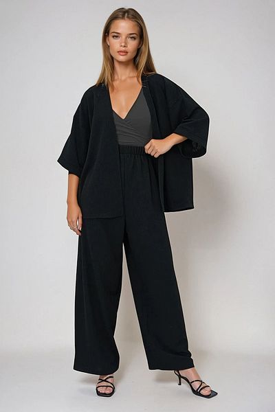 VAGGON Set kimono și pantaloni de vară din țesătură cu mâneci duble negre pentru femei PRMX13466