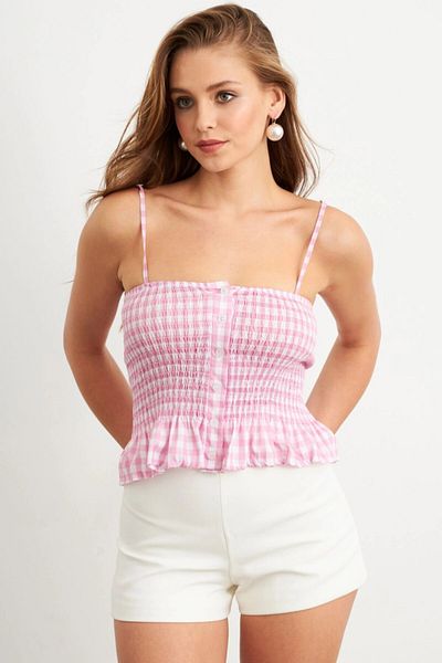 Cool & Sexy Women's Powder Plaid Elastic Crop Blouse Mtk13397