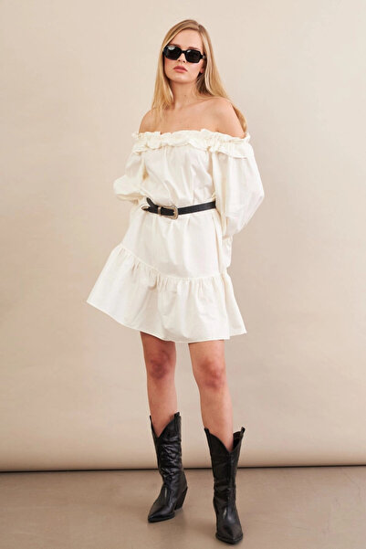 Cool & Sexy Women's Ecru Madonna Collar Midi Dress Psg1012