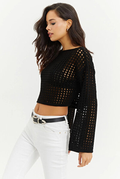 Cool & Sexy Dámská krátká halenka s černým španělským rukávem z prolamovaného úpletu SMT181