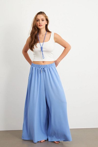 Cool & Sexy Pantaloni palazzo de damă Baby Blue cu buzunar elastic în talie Sİ1155