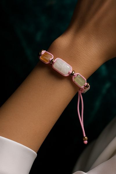 OSMANLI DEĞERLİ TAŞ Certified Pink Quartz-Moonstone-Citrine-Prehnite Natural Stone Adjustable Macrame Bracelet