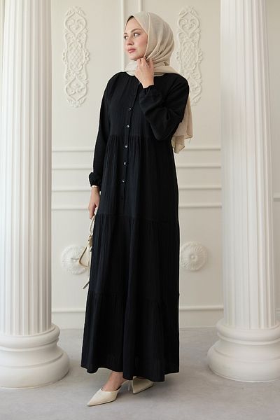 InStyle Casual Buttoned Eyebrow Black Dress