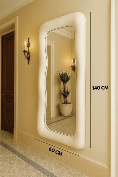 Lunalore Modern Dekoratif Beton Görünümlü 140x60 Duvar Boy Aynası – Antre Koridor Salon Banyo Ofis