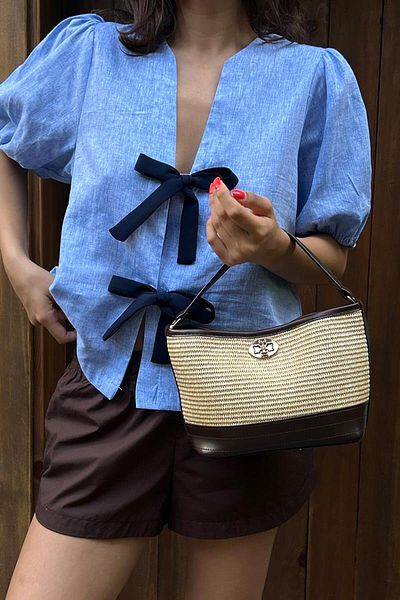 Shule Bags Urban Straw Look Interlocking Shoulder Bag Brown