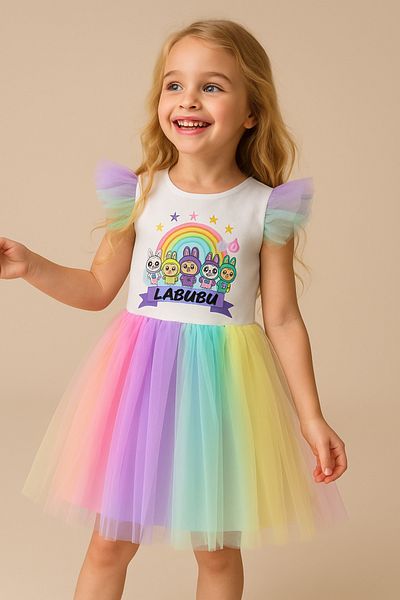 ESİLA KİDS Girl's Colorful Tulle Ruffled Sleeve Labubu Printed Dress 2-8 Years