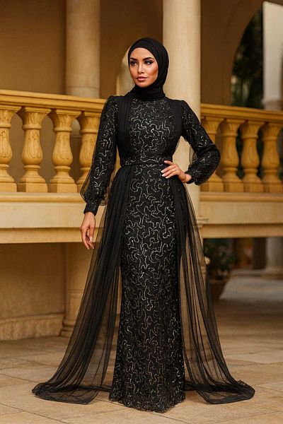 Neva Style Sequin Sequin Embroidered Silver Hijab Evening Dress 56291Gms
