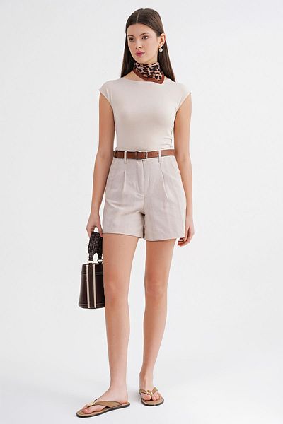 Mixray 4489 Women's Leather Belted Linen Bermuda Shorts Natural