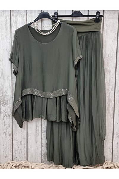 pudubutik Sequined Khaki Silk Blouse Italian