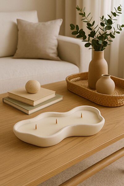 Nish Candles Dalgalı Kenarlı Beton Kapta Üç Ahşap Fitilli El Yapımı Dekoratif Mum Kokulu Soya Mumu