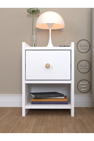 LİDART MOBİLYA Lidart Komodin Tek Raflı Ahşap Kulplu Tek Çekmeceli Beyaz Komidin