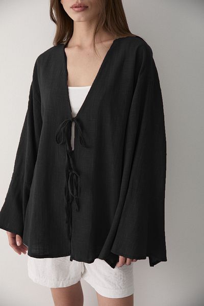 VODENS Women's Black Double Tie Linen Kimino