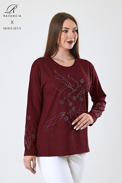 Ravencia Women's Middle Age and Above Viscose New Coating Pattern Stone Embroidered Lycra Burgundy Mother Combed Cotton Blouse