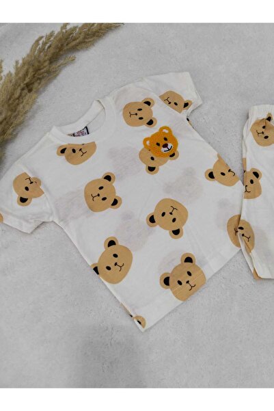 Store Ayıcık Panç Desenli Unisex Yazlık Çocuk Takım Ince Kısa Kollu