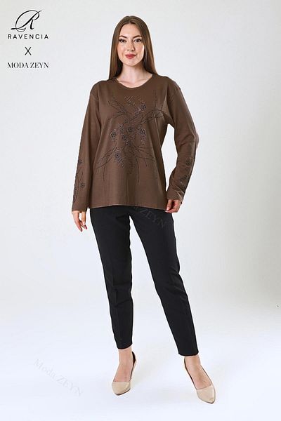 Ravencia Women's Middle Age and Above Viscose New Coating Pattern Stone Embroidered Lycra Brown Mother Combed Cotton Blouse